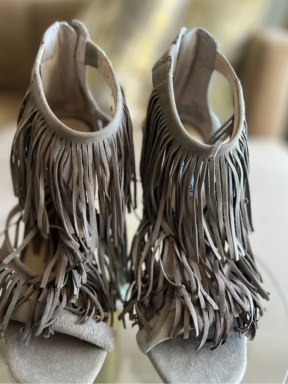 Steve Madden Fringly Taupe Suede Fringe Stiletto Heels Size 7.5